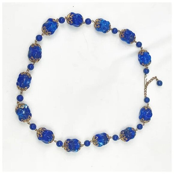 Vintage Cobalt Blue Early Plastic Necklace circa 1930, Antique Necklace, Sterlin - Picture 5 of 5